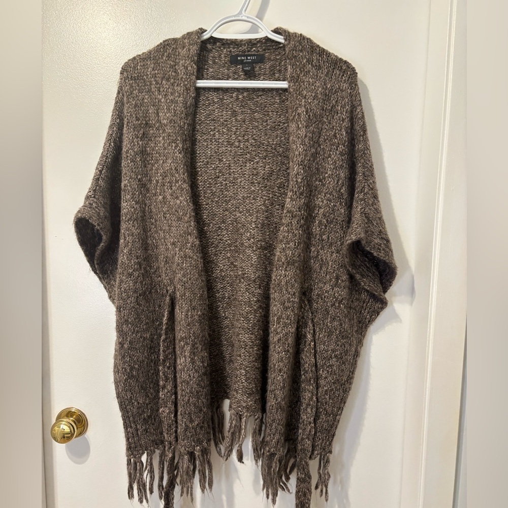 Nine West Brown Knit Fringe Poncho